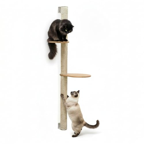 eyepower 132 cm Arbre à Chat Mural Luna avec 2 Plateaux Bois - Grand Poteau à Griffer en Sisal Fixation Murale - Griffoir Bambou pour Chats d’Intérieur - Élément d’Escalade pour Griffer - Mur Grimper