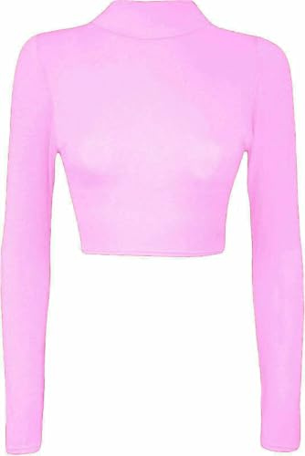 FASHION I LOVE Womens Turtle Neck Crop Ladies Long Sleeve Plain Polo Short Stretch Top Womens Long Sleeve Polo Crop Top High Roll Neck Stretchy Top Sizes 8-14 Baby Pink