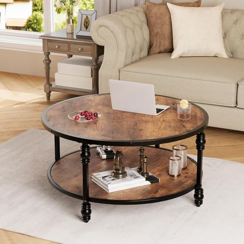 RBFGYIOP Couchtisch Rund, 2 Ablagen Beistelltisch Kaffeetisch Sofatisch, Stabiles Metallgestell Mit Massivholzoptik Für Wohnzimmer Schlafzimmer Büro, Vintage Braun 72 x 72 x 48 cm