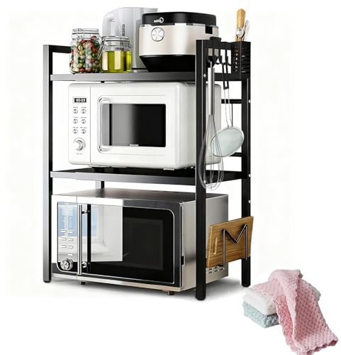 Topnewhome 3-stufiges Mikrowellenregal mit 6 Haken,Küchenablage,Schwarz | Verstellbare Küchenablage für mehr Stauraum. Ideal für Backofen, Kaffeemaschine und Zubehör mit praktischen Haltern.