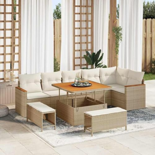 Owoxanthellate Gartensofa Set 9-TLG Beige Poly-Rattan Eckbank wetterfest 100x100 cm Tisch Lounge Möbel Outdoor für Terrasse Balkon Sitzgruppen