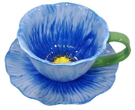 NatureMan Tazas y platillos de té de 10 onzas, taza de cerámica con forma de flor, juego de taza de café con leche y platillo, elegante juego de tazas para fiesta de té para mujeres, se puede utilizar