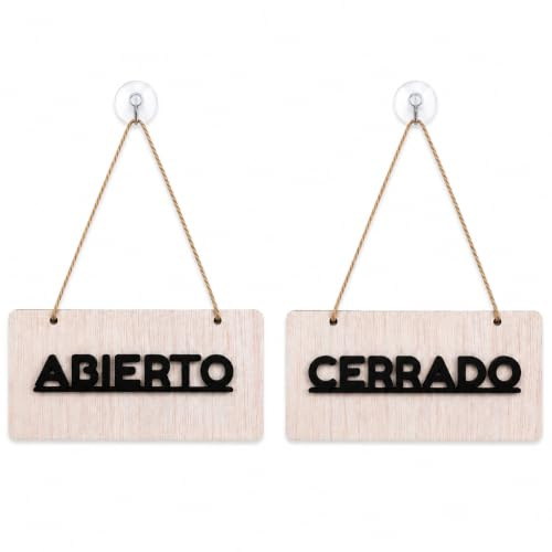 Cartel Abierto Cerrado de Madera con Ventosa Transparente | 18 x 8 cm | Doble Cara para Tiendas, Oficinas y Negocios | Incluye Cordón y Ventosa | Fabricado en España | Olesea by Bulat Family