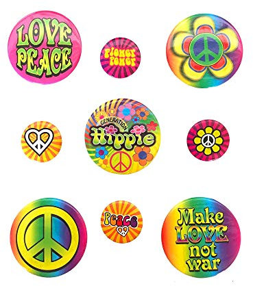 shoperama 9 Flower Power Hippie Anstecker Buttons Love Peace Blumen Kostüm-Zubehör 60er 70er Jahre