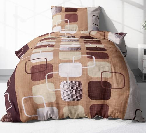 Heubergshop 2-teilige Seersucker Bettwäsche 135x200cm und 80x80cm - Kariert Design Karo Gemustert in Braun - Bettgarnitur aus 100% Baumwolle, bügelfrei (S-396/5)