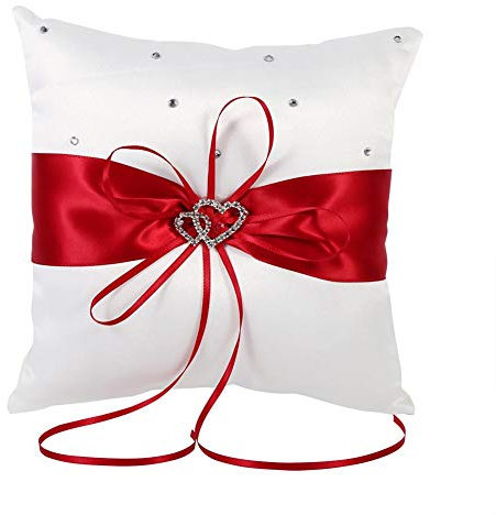1x Hochzeit Ringkissen 20 x 20 cm, Ring Kissen Eheringe Brautkissen mit Bowknot Stain für Ehering Dekorative Romantische Hochzeitszeremonie (Rot)