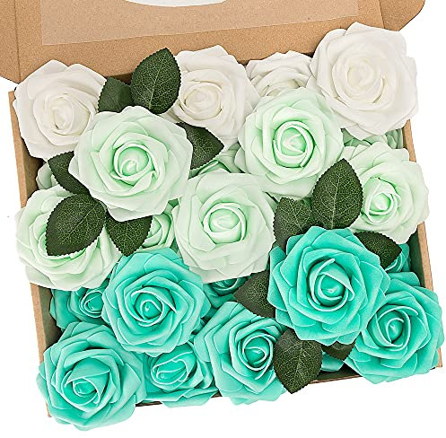 N&T NIETING Rose Artificiali In Schiuma, 25 Rose Finte Al Tatto, Per Bouquet Da Sposa Fai Da Te, Per San Valentino, Festa Della Mamma, Baby Shower, Cambiamento Graduale, Verde