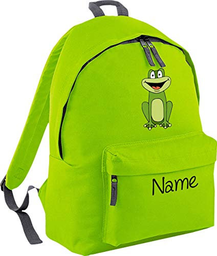ShirtInStyle Kinder Rucksack Frosch mit Name veredelt, Wunschtext individuell, ideal für Kita, Sport und Freizeit, Farbe Limegreen