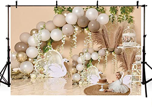 MEHOFOND 2,1 x 1,5 m brauner Ballon-Hintergrund für Baby-erster Geburtstag, Party-Hintergründe, süßer Schwanensee, goldgrüne Blätter, Blume, Fotografie-Hintergrund, Portrait, Fotostudio-Requisiten für