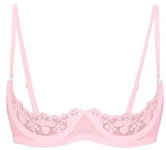 FEESHOW Womens Floral Lace Underwired Unlined Shelf Bra Sheer Lace 1/4 Push Up Cup Bralette Pink L
