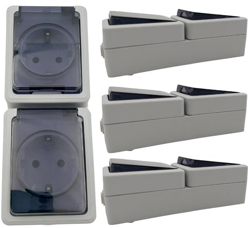 4 Stück 2-Fach Steckdose IP44 mit Klappdeckel 230V Aufputz - Feuchtraumsteckdose Doppelsteckdose für Feuchträume und Außenbereich Grau (Vertikal)
