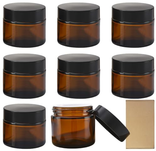 SPORWAY Lot de 8 pots cosmétiques en verre ambré de 50 ml, vides, pour crème, cosmétiques, pommades, pots à échantillons rechargeables, avec couvercle et doublure, pour cosmétiques, crèmes, lotions,