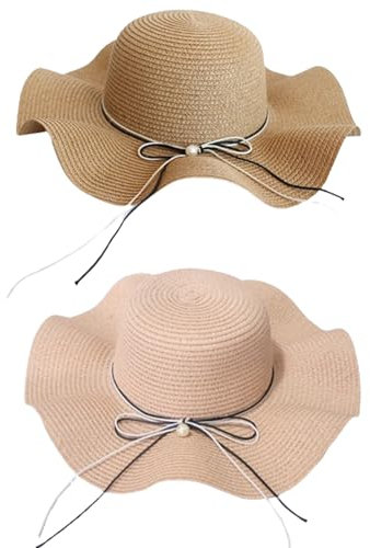 CHENKEE Stroh Sonnenhut, 2 Stück Urlaub Strandhut Bowknot Strohhut Faltbarer Sonnenhut Faltbare Sonnenhüte für Frauen mit UV-Schutz Stroh Sonnenhut für Frauen(Khaki, Rosa)