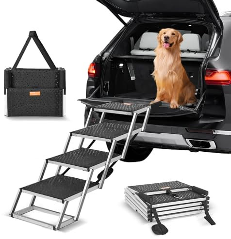 VEVOR Hundetreppe für Autos, breite 4-stufige Hundeautotreppe, zusammenklappbare Hundeautorampe mit Rutschfester Oberfläche, tragbare Haustiertreppe aus leichtem Aluminium für Auto, SUV und LKW