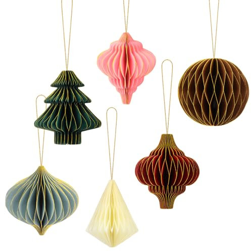 Qpout 6 PCS 3D Boules de Noël en nid d'abeille Décorations de fête avec Bord pailleté Ornements en nid d'abeille en Papier pour Arbre de Noël Décorations de Plafond de Noël Décorations