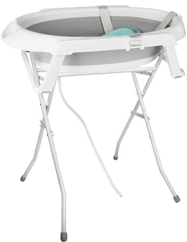 Bañera para bebé con estructura – Bañera plegable con cojín – Bañera para bebé + desagüe + estructura (gris)