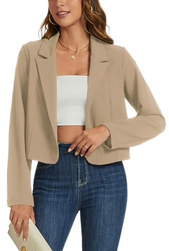 MINTLIMIT Women's Cropped Blazer Long Sleeve Notched Lapel Short Blazers Casual Open Front Crop Blazer Jacket, Khaki