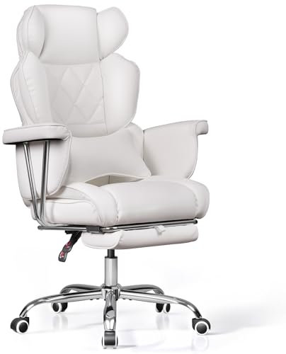 DEVAISE Chefsessel Bürostuhl Ergonomisch PU Leder Breit mit Fußstütze, Wippfunktion und Winkelverriegelung, Maximaler Neigungswinkel 145°, Höhenverstellbar, Liegestuhl für Büro & Zuhause Weiß