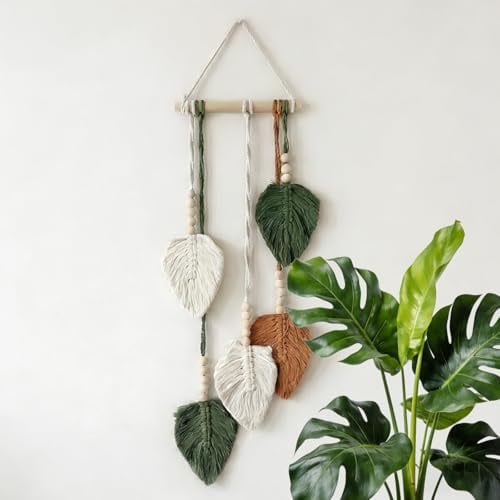 Avoik Aktualisieren Makramee Wandbehang Boho Deko Handgemacht Makramee Wandteppich Grün Blätter Tapisserie mit Holzperlen Wandteppich für Schlafzimmer Wohnzimmer Kinderzimmer Hochzeit Wanddeko