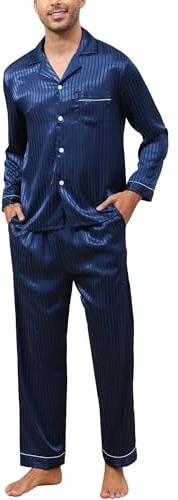 TeJoyce Set med sidensatin för män, 2 delar, långärmad pyjamas med knappskjorta och byxor, bekväma och eleganta för sommaren