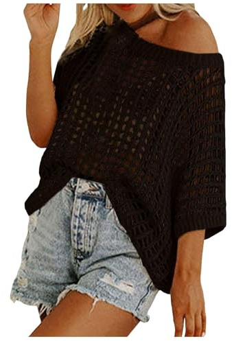 LIUYUYOUGO Camicia Donna Top all'Uncinetto da Donna Maglione Lavorato A Maglia A Maniche Corte con Spalle Scoperte Pullover Oversize Traforato Copricostume Estivo Leggero da Spiaggia Maglione in Mag
