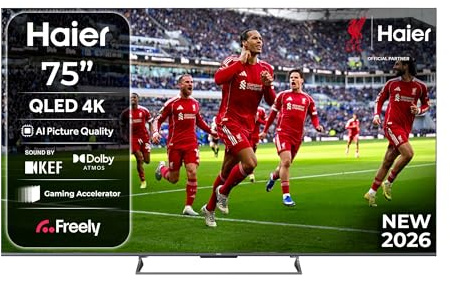 Haier 75 QLED S90GUF Smart TV with Fire TV, Freely, AI Picture Quality, Sound by KEF, Dolby Atmos, MEMC, Gaming Accelerator, Bluetooth, HDMI 2.1