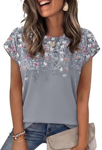 Aokosor 2026 Womens Summer Tops Floral Printed Short Capsleeve Shirts Crew Neck Casual Short Sleeve Ladies Tops L Floral Grey