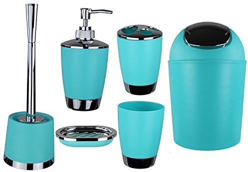 6tlg Badset Badezimmer Zubehör Set Organizer: Seifenspender, Zahnputzbecher, Kosmetikeimer, WC Bürste und Halter, Seifenschale, Mülleimer, Zahnbürstenhalter, Badgarnitur (Türkis Design 1)