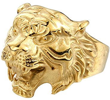 PAMTIER Herren Edelstahl Jahrgang Gotisch Biker Tiger Kopf Ring Band Tierentwurf Gold Größe 68 (21.6)