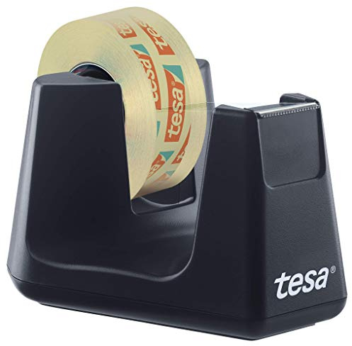 tesa Easy Cut Smart + tesafilm transparent - Robuster Abroller mit Anti-Rutsch Funktion in schwarz und transparentem Klebefilm, 1 Rolle