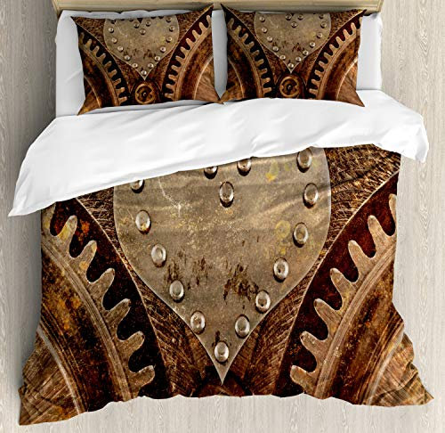 ABAKUHAUS Steampunk Bettbezug Set für Einzelbetten, Herz-Form und Nieten, Milbensicher Allergiker geeignet mit Kissenbezug, 200 x 200 cm - 70 x 50 cm, Braun