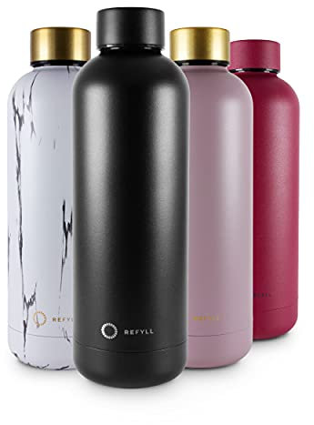REFYLL Trinkflasche Edelstahl wonderFYLL - 500ml Thermosflasche - auslaufsicher, BPA frei - isolierte Wasserflasche, doppelwandige Isolierflasche (Simple Black, 500 ml)