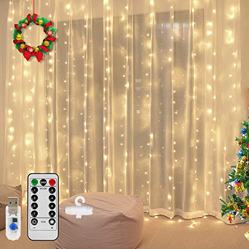 Vegena LED Lichtervorhang 300 LEDs,3m x 3m LED USB Lichterkettenvorhang 8 Modi Wasserfall Lichterketten Vorhang für Partydekoration Schlafzimmer Weihnachten Innenbeleuchtung Deko Warmweiß (Warmweiß)