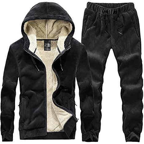 amropi Tuta da Uomo Vello Foderato Cappotto con Cappuccio e Pantaloni Inverno Caldo Jogging Tute Nero,XXL