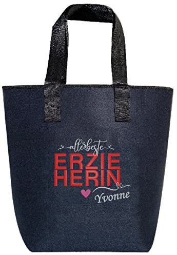 AMBERGER DESIGN by A&M Osterhage amd Erzieherin-Tasche Blau bestickt personalisiert Damen Geschenk hochwertig Filz Shopper Schlüsselfach Reißverschluss trendiges Design Größe 44x26cm