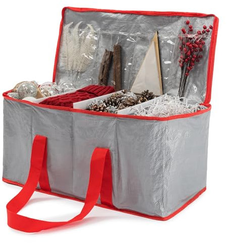 Christmas Village Red Durable Storage Bag for Lights Baubles Tinsel Wrapping Paper Bows Wreath Artificial Decorations Xmas Organiser with Divider & Handles