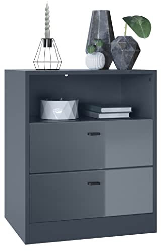 Vladon Kommode Pino V1, Made in Germany, Nachttisch mit 2 Schubladen & 1 offenem Fach, Anthrazit matt/Grau Hochglanz ohne LED (56 x 67,5 x 36 cm)