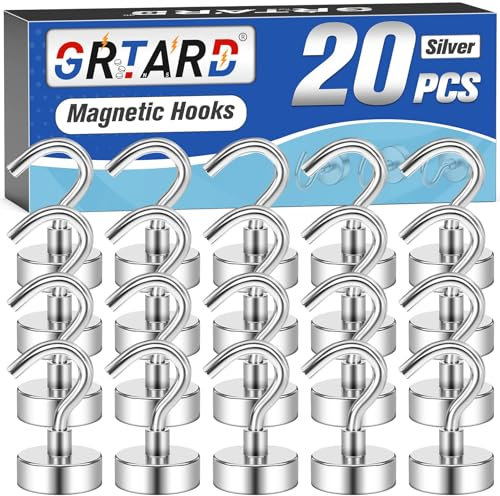 Grtard 20 Pack Magnetic Hooks, 22 lb+ Pull Neodymium Magnet Hooks Heavy Duty, Strong Magnets with Hook for Hanging, Cruise, Ceiling, Van, Tool, Magnetic Hook for Fridge, Kitchen, Workplace, Office