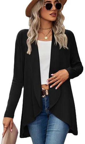 Famulily Cardigans for Women, Casual Knitted Open Front Full Sleeve Mid Length Lightweight Cardigan Top (L, Black)
