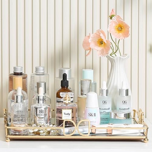 HAIGOUER Gold Mirror Tray Vanity Tray for Dresser Tops Perfect Gold Vanity Tray Large 14”x 10”x 2”