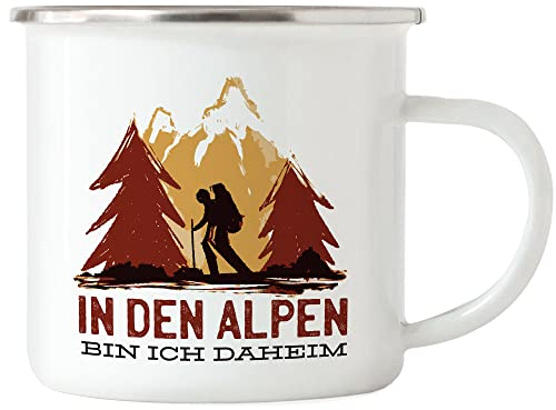Hey!Print In Den Alpen Bin Ich Daheim Emaille Tasse Berge Hügel Bergsteigen Wandern Sport Sportler Gipfel Montain