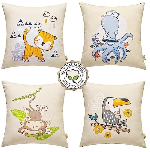 100% Baumwolle Kinder Kissenbezüge 40x40, Deutsche Standard-Qualität | 4er-Set Niedliche Tiermotive: Katze, AFFE, Oktopus, Papagei | Perfekt für die tierische Kinderfreude