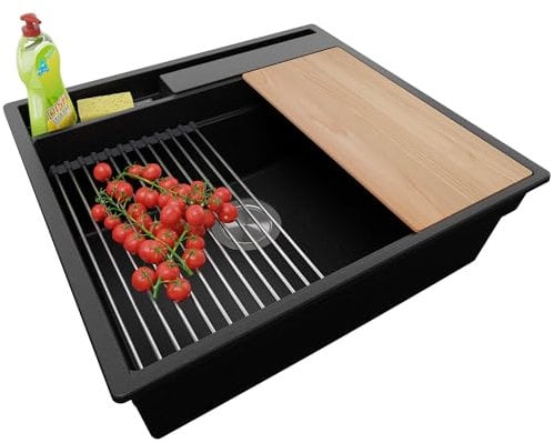 PRIMAGRAN Evier Cuisine en Granit Noir 58x53cm, Lavabo 1 bac + Kit de Vidage + Accessoires, Évier à Encastrer au meuble 60cm - Oslo Pocket