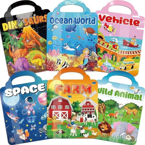 Kalysky 6 Stück Wiederverwendbare Stickerbücher für Kinder ab 2 3 4 jahre, 300+ 3D Puffy Aufkleber Tier, Dinosaurier, Ozeanwelt, Weltraum, Fahrzeug, Mitgebsel Kindergeburtstag Hochzeiten Gastgeschenke