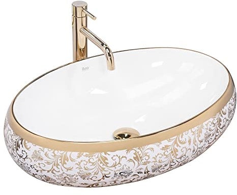 Rea Vasque à poser Melania Meryl Lavabo Salle de Bain 600 x 405 x 145 mm en Céramique (Blanc/doré)