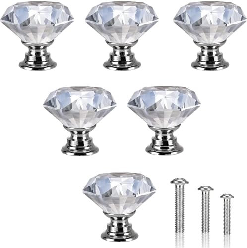 GEFIRE 6 Stück Kristall Schrankknöpfe, Kristall Schubladenknöpfe Möbelknöpfe, 30mm schubladenknopf mit Schrauben für Zuhause, Küche, Büro, Schubladendekoration (Silber)
