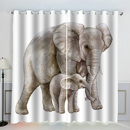 AKATIE Vorhang Elefantenmutter Und Baby Polyester Vorhänge mit Ösen 2er Set Gardinen Weißes Tier 3D Drucken Verdunkelungsvorhang für Wohnzimmer Schlafzimmer (234x137 cm)