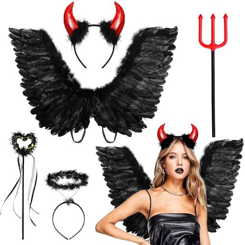 iZoeL Teufel kostüm Schwarz Engel kostüm Damen Mädchen, Engelsflügel Teufelshörner Engel Haarreif Teufelheugabel Zauberstab,Damen Mädchen Faschingkostüme Karneval Cosplay Halloween Party