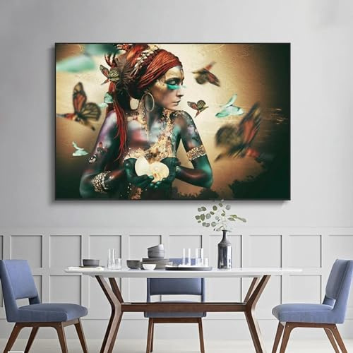 Afrikanische Frau mit Schmetterling Leinwand Bilder XXL, Gemälde, Wandkunst, Poster und Drucke, buntes schwarzes Mädchen, Kunstbild, Heimdekoration, 42 x 60 cm, rahmenlos