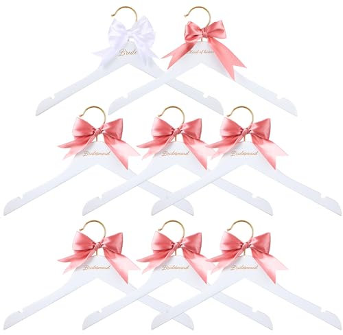 Beeveer Braut-Kleiderbügel, Braut-Kleiderbügel mit Trauzeugin, Brautjungfern-Kleiderbügel, Set aus weißem Holz, mit weißer Schleife und rosa Schleife, für Brautparty, Dusche, Hochzeitsgeschenk, 8